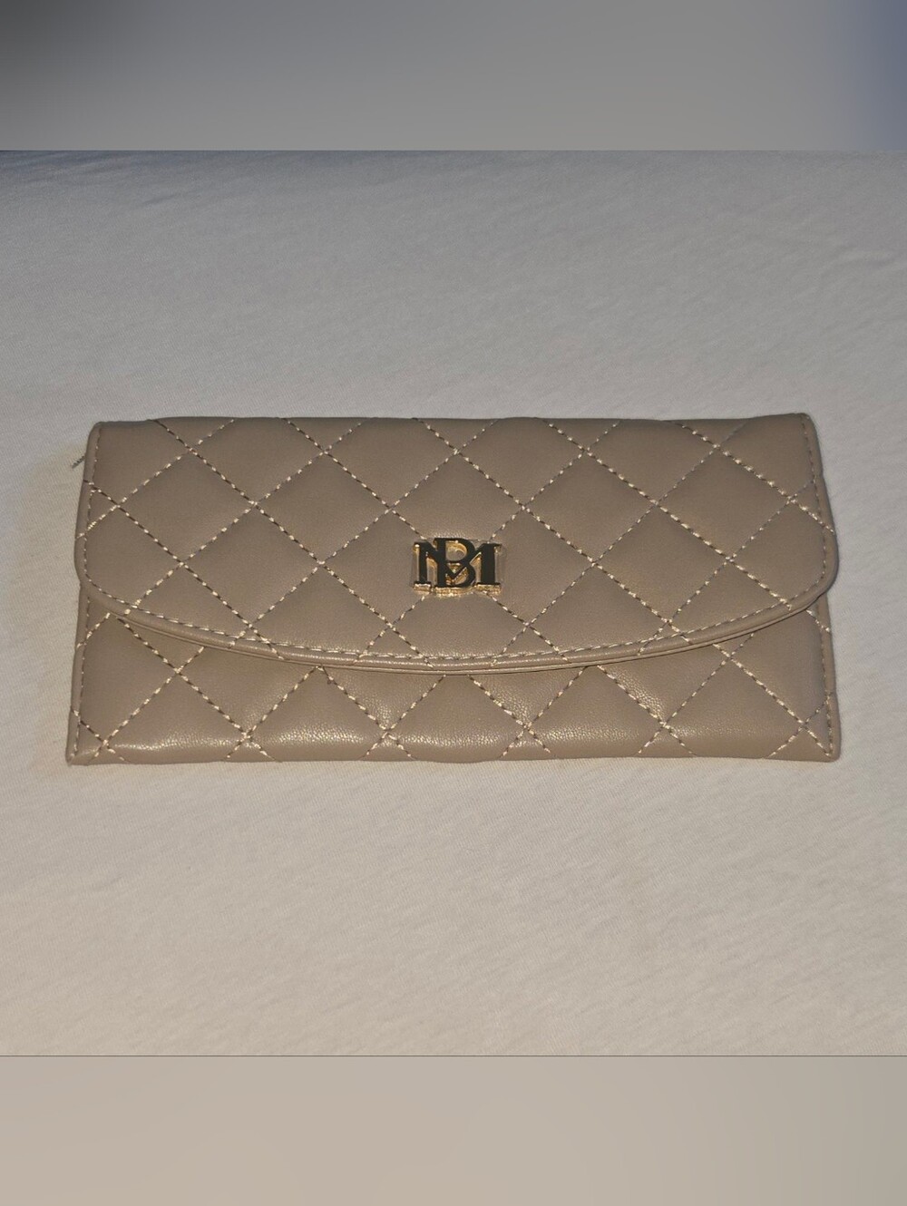 Badgley Mischka Quilted Sleek Taupe Wallet Clutch with Gold Logo